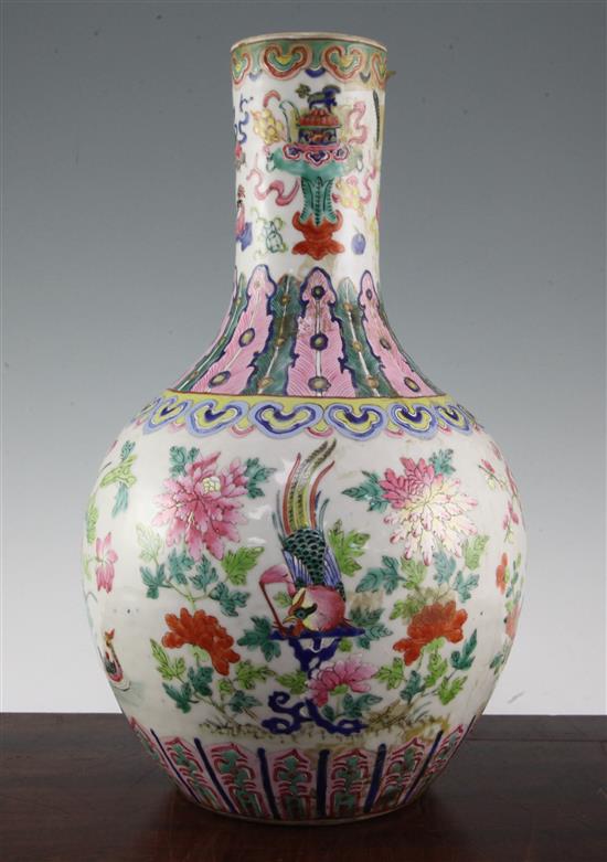 A large Chinese famille rose bottle vase, Daoguang period, 42.5cm, crack to body, lamp mount removed